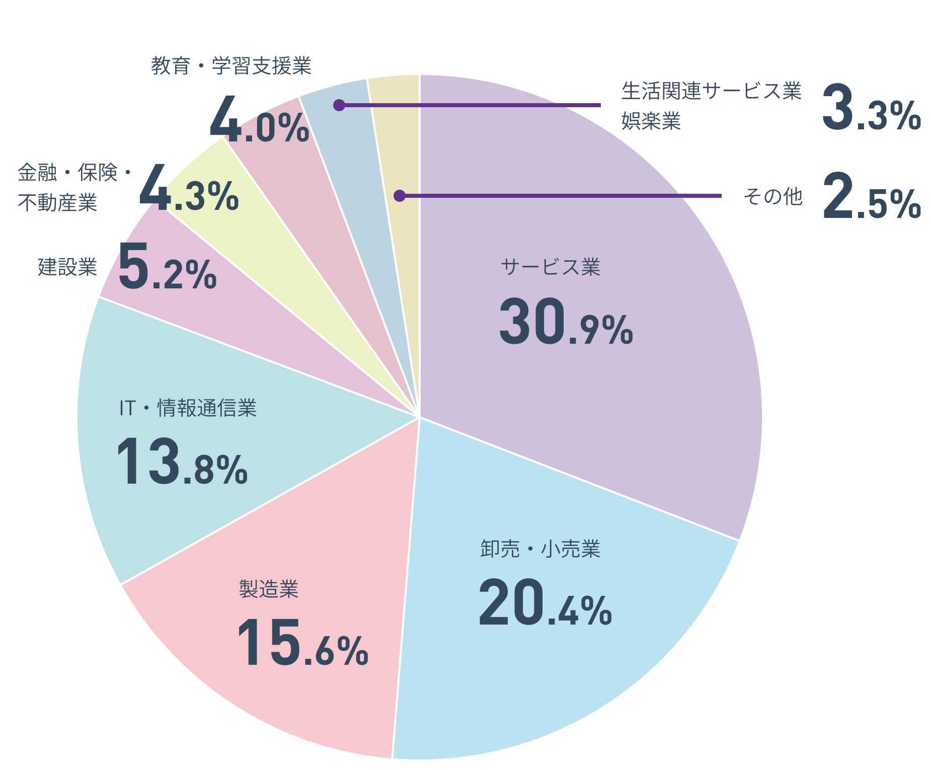 参加企業の業種割合についてのグラフ 「サービス業」が30.9％、「卸売・小売業」が20.4％、「製造業」が15.4％
